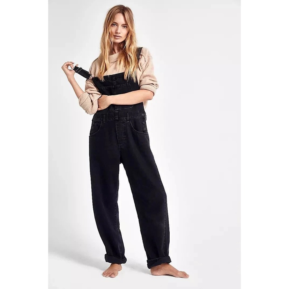 Free People We The Free Ziggy Overalls Washed Black Denim Size Large Bib Pants